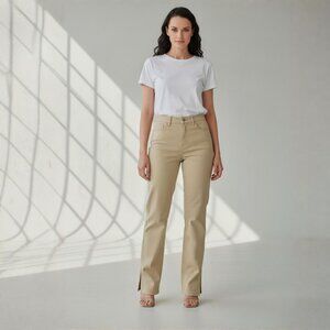 Fashion Nova ✦ Beige Straight Leg Pants ✦ High Waist Stretch Fit Side Slits Sz 3